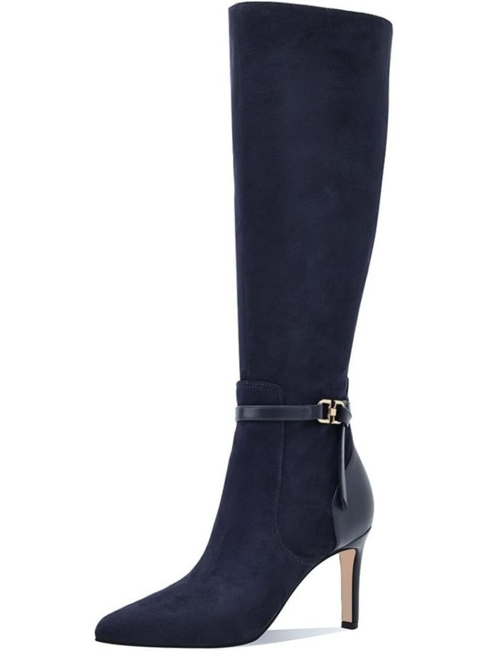 Women's Blue Suede Pointed Toe High Heel Side Zipper with Buckle Bow Knots Boots